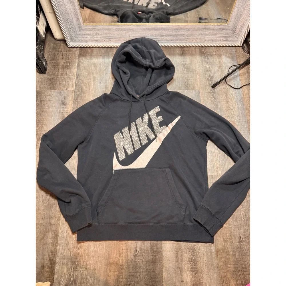 Nike Womens Sequin Logo Hoodie Black Pullover Sweatshirt Medium Sparkle Swoosh - Picture 1 of 4